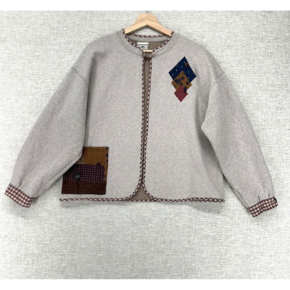 Lee Cardigan Sweatshirt Womens Large Beige Patchwork Quilted Fleece Heavyweight
